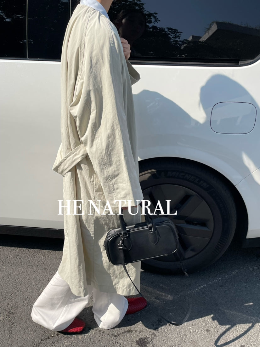 HE NATURAL 2026 Spring Collection Minimalist Long Loose Fit Trench Coat with Belt