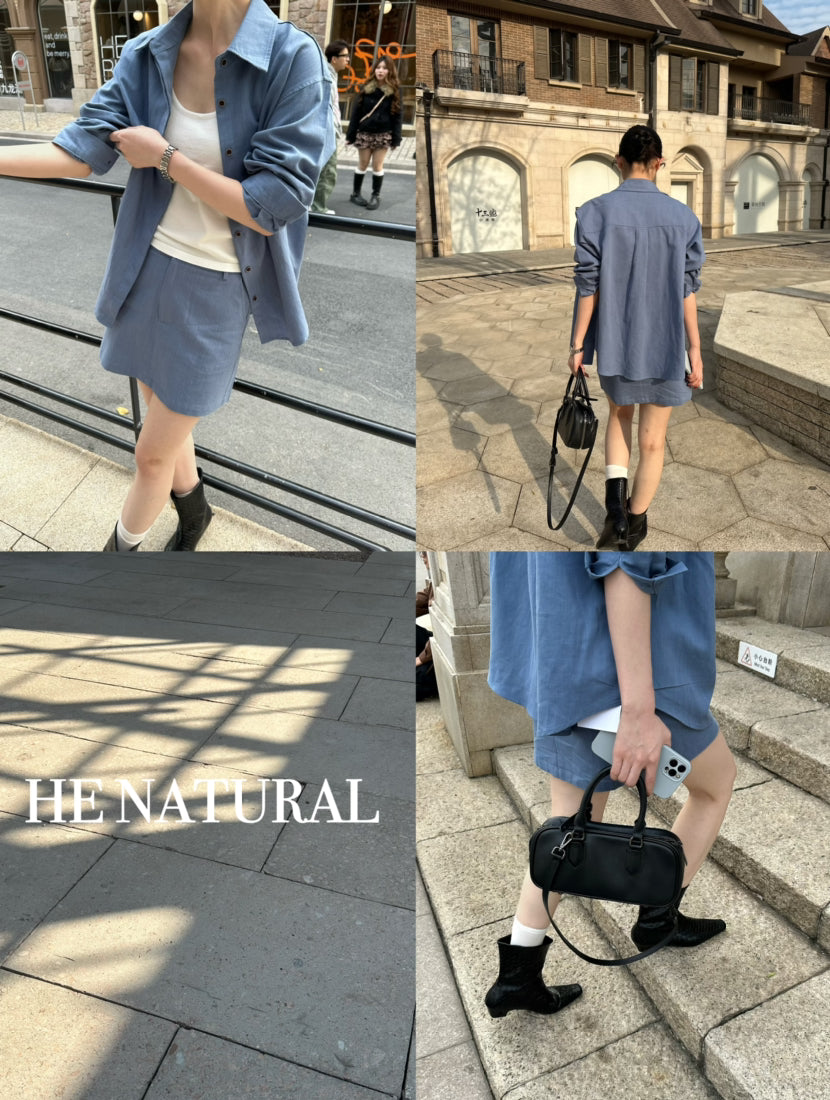 HE NATURAL Minimalist Korean Loose Shirt & A-Line Skort Anti-Exposure Two-Piece Set