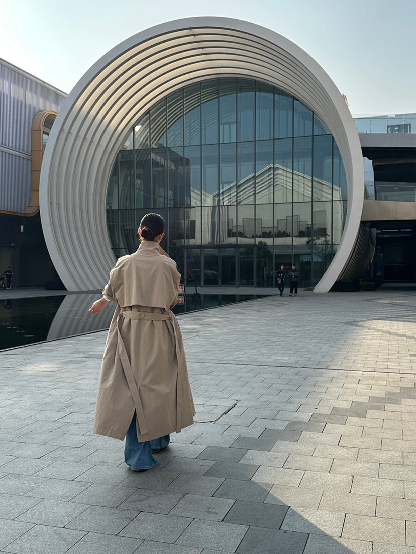 HE NATURAL Premium Classic Long Loose Trench Coat with Detachable Belt