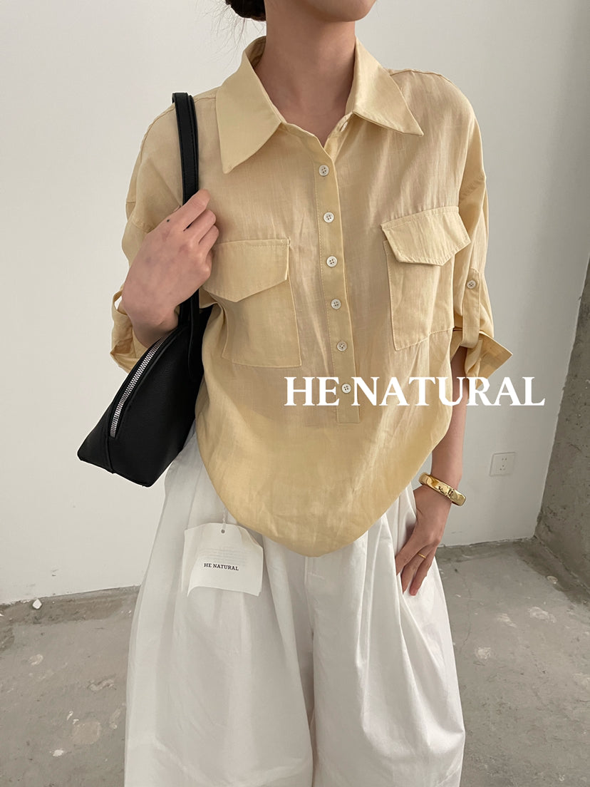 Premium HE NATURAL Ramie Casual Shirt with Shell Buttons - Elegant Spring Blouse
