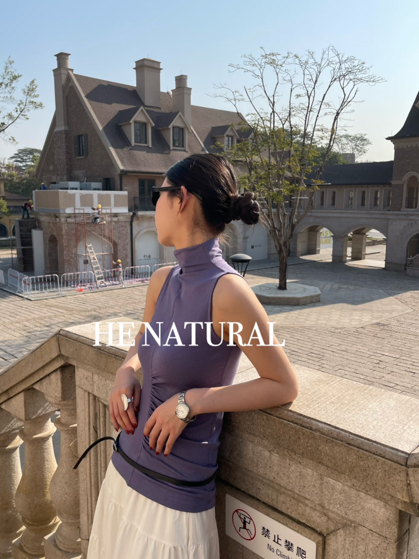 HE NATURAL Elegant High Neck Sleeveless Ruched Vest - Minimalist Summer Chic