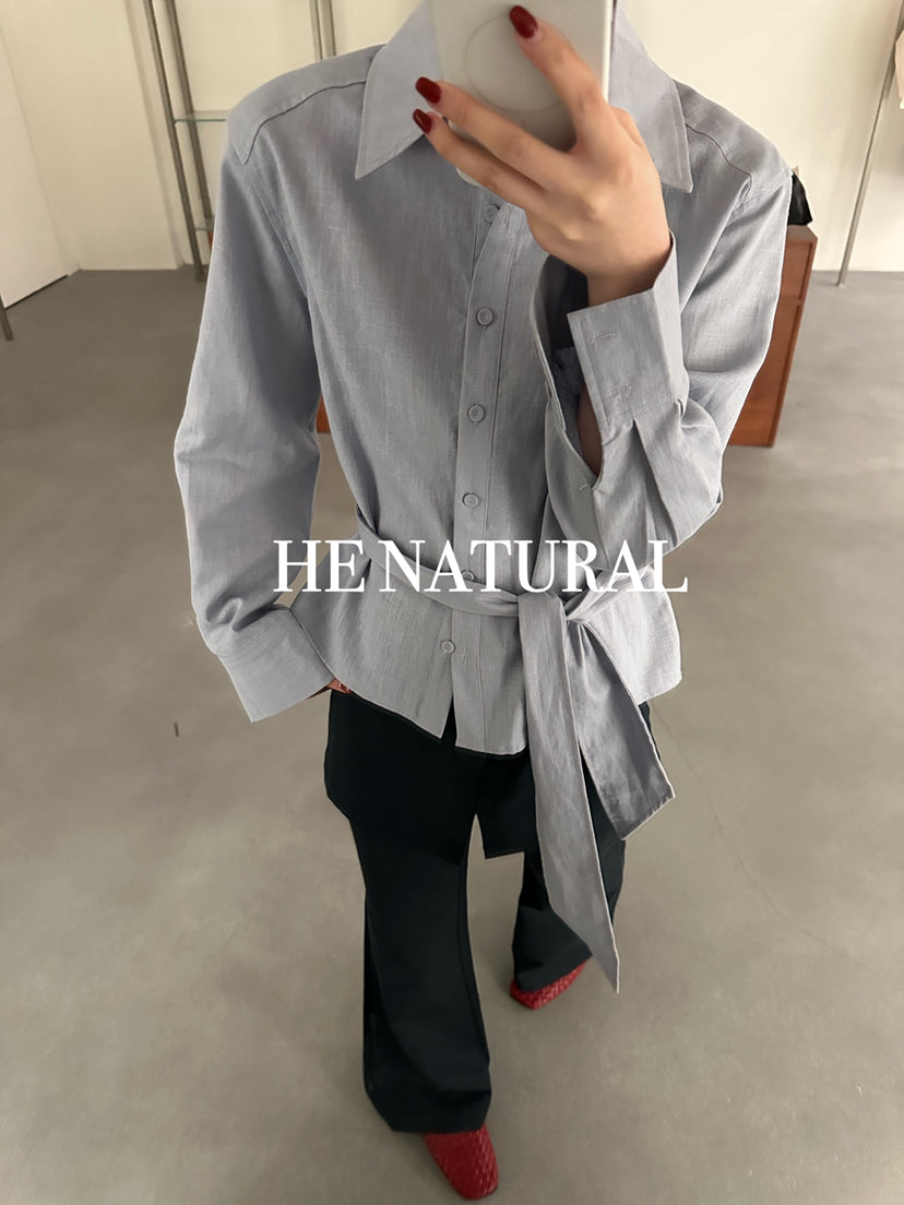 HE NATURAL Women's Minimalist Loose Fit Casual Spring Shirt with Adjustable Belt