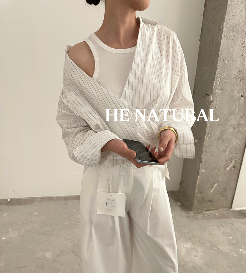 HE NATURAL Designer Fake Two-Piece Striped Shirt - 2026 Spring Collection Chic Long Sleeve Pullover