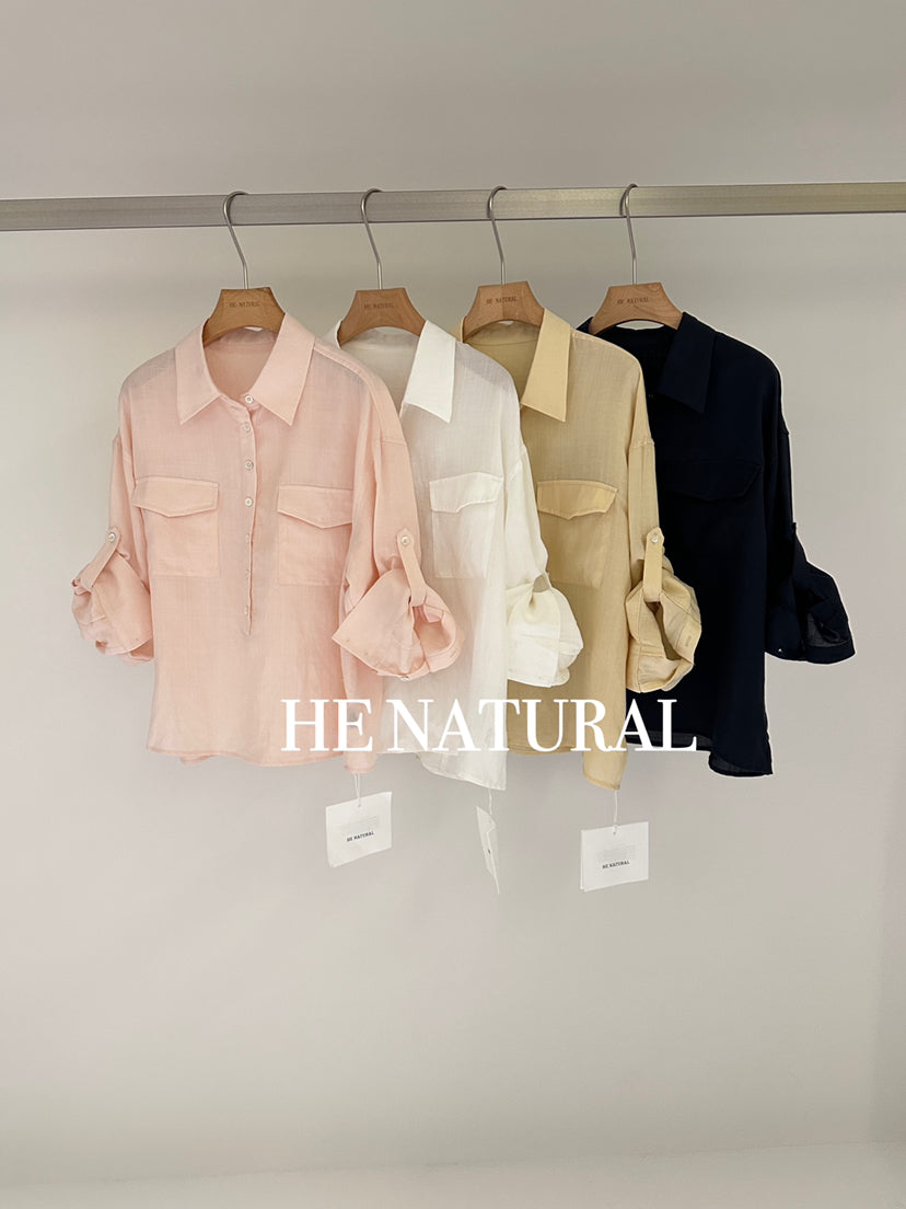 Premium HE NATURAL Ramie Casual Shirt with Shell Buttons - Elegant Spring Blouse