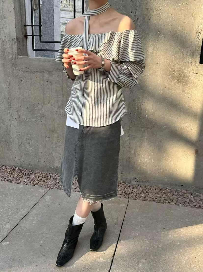 Spring 2026 Collection! [HE NATURAL] Elegant Boat Neck Striped Blouse (with Streamer) 88126# MXN