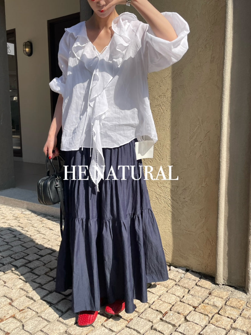 HE NATURAL Elegant Ruffled Tie-Neck Blouse - Spring Lantern Sleeve Pullover