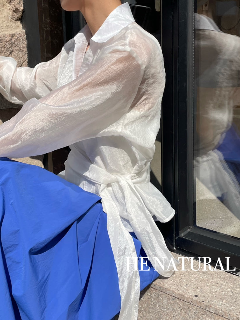 HE NATURAL French Asymmetric Knotted Design Shirt - Elegant Spring Business Casual Blouse