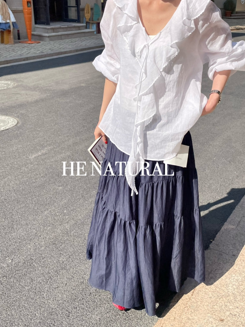 HE NATURAL Elegant Ruffled Tie-Neck Blouse - Spring Lantern Sleeve Pullover