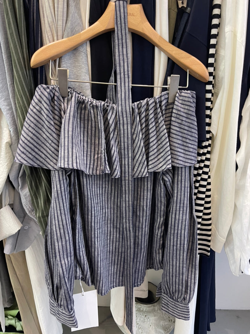 Spring 2026 Collection! [HE NATURAL] Elegant Boat Neck Striped Blouse (with Streamer) 88126# MXN