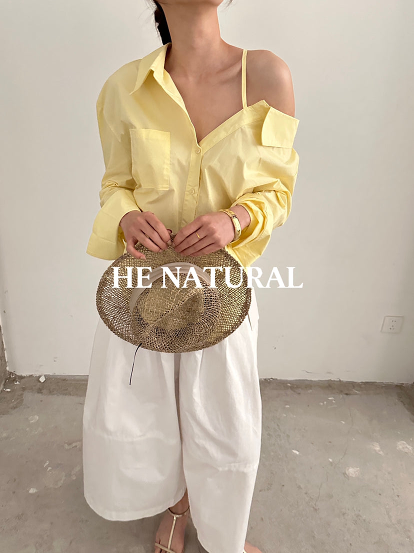 HE NATURAL Elegant One-Shoulder Pleated Blouse - Chic Spring Solid Color Top