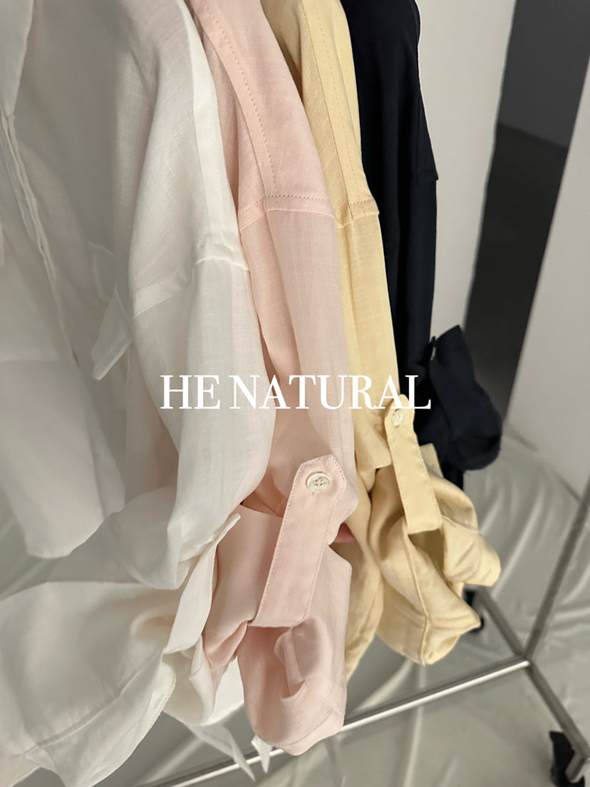 Premium HE NATURAL Ramie Casual Shirt with Shell Buttons - Elegant Spring Blouse