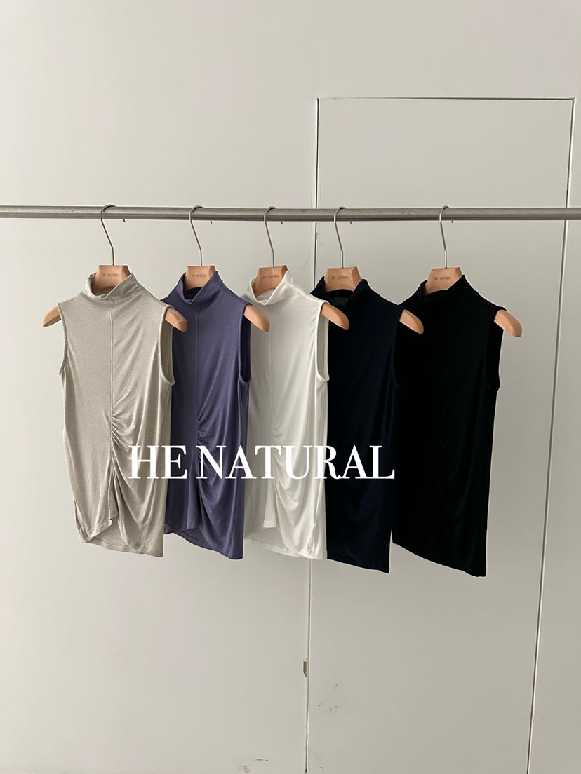 HE NATURAL Elegant High Neck Sleeveless Ruched Vest - Minimalist Summer Chic