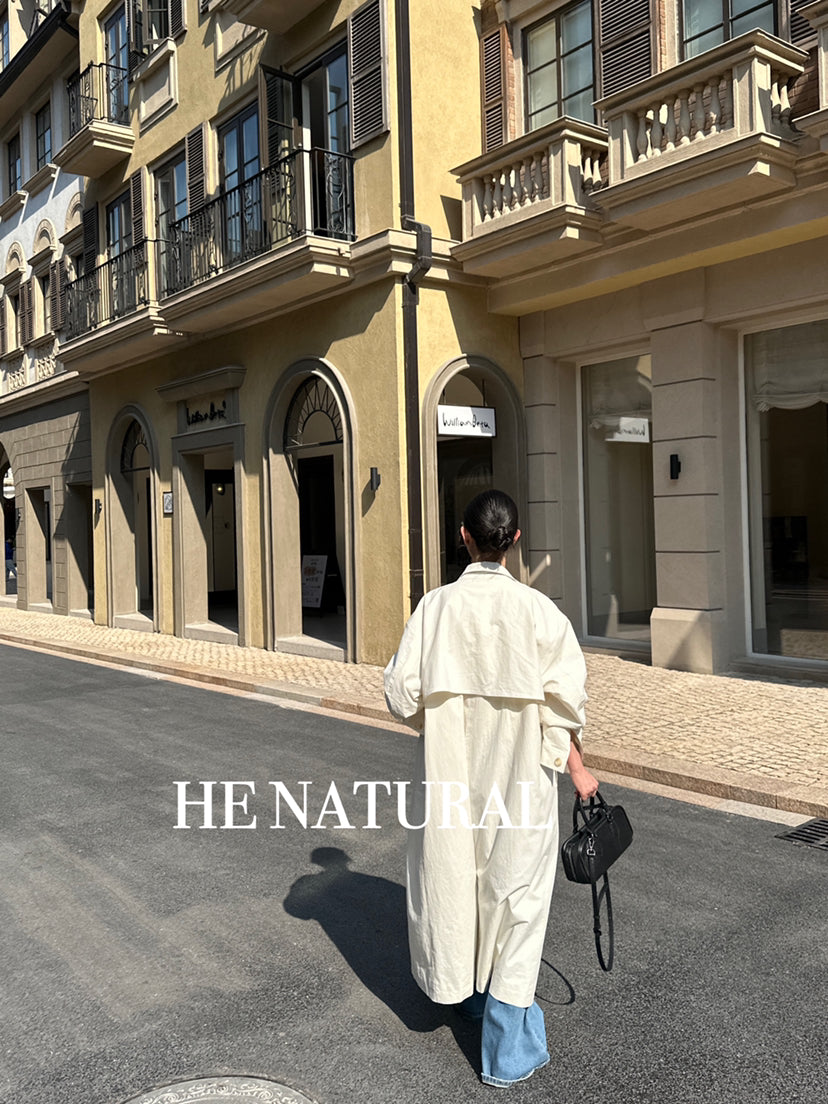 HE NATURAL Premium Classic Long Loose Trench Coat with Detachable Belt