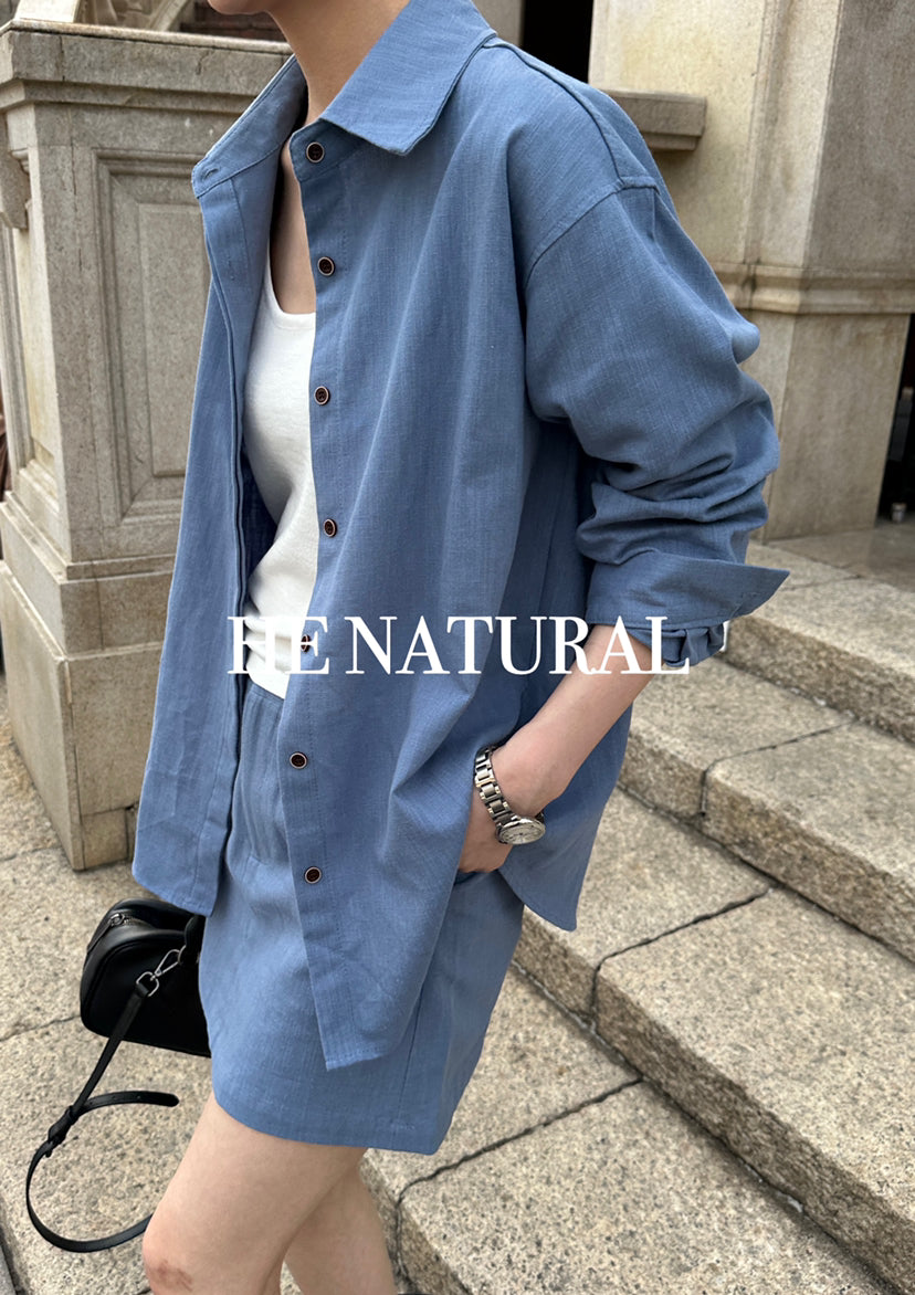 HE NATURAL Minimalist Korean Loose Shirt & A-Line Skort Anti-Exposure Two-Piece Set