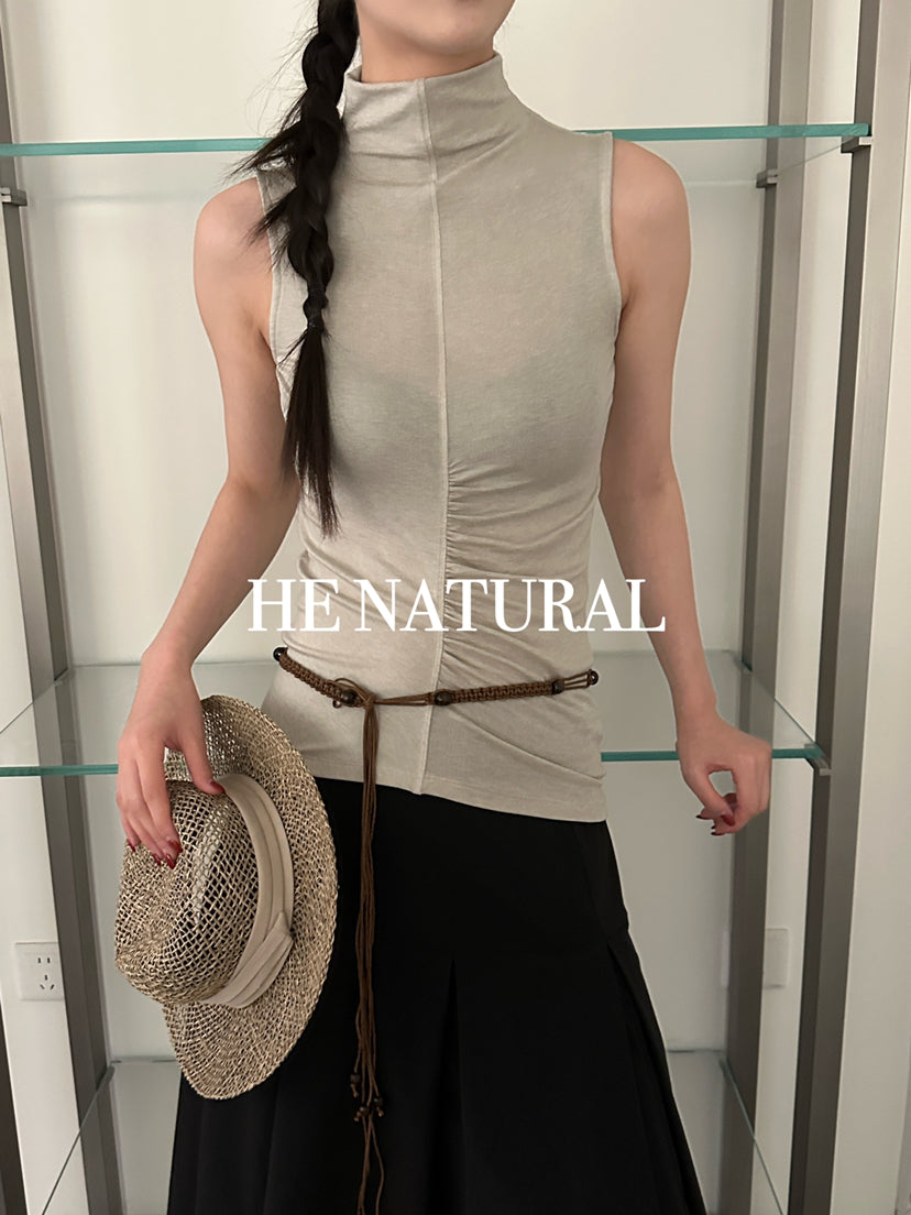 HE NATURAL Elegant High Neck Sleeveless Ruched Vest - Minimalist Summer Chic
