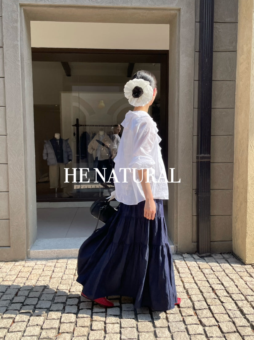 HE NATURAL Elegant Ruffled Tie-Neck Blouse - Spring Lantern Sleeve Pullover