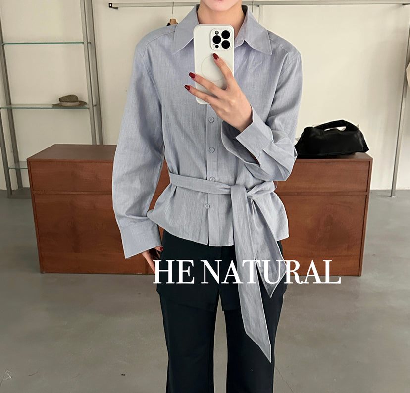 HE NATURAL Women's Minimalist Loose Fit Casual Spring Shirt with Adjustable Belt