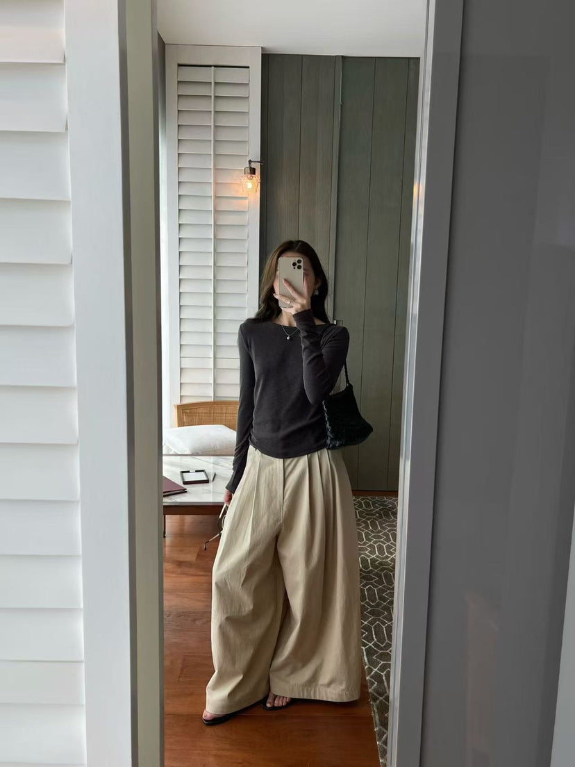 HE NATURAL Women's Minimalist High-Waisted Wide-Leg Casual Loose Spring Pants