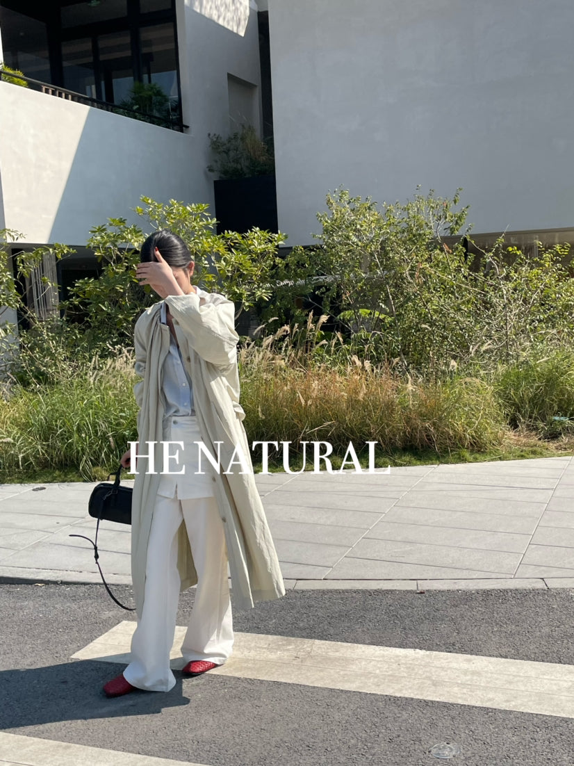 HE NATURAL 2026 Spring Collection Minimalist Long Loose Fit Trench Coat with Belt