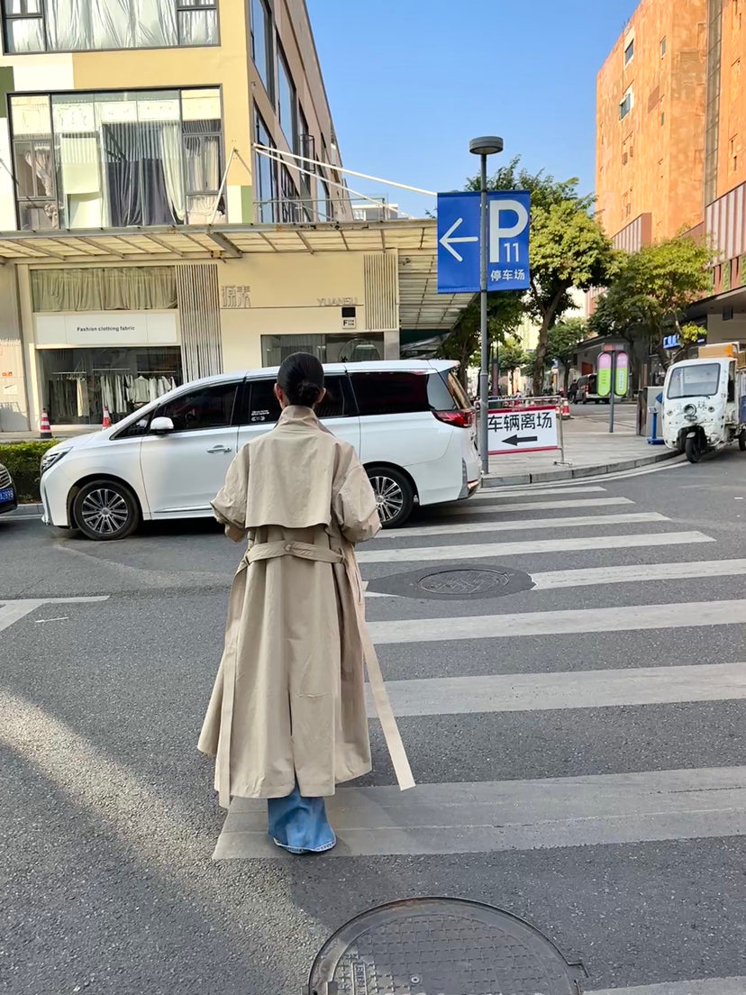 HE NATURAL Premium Classic Long Loose Trench Coat with Detachable Belt