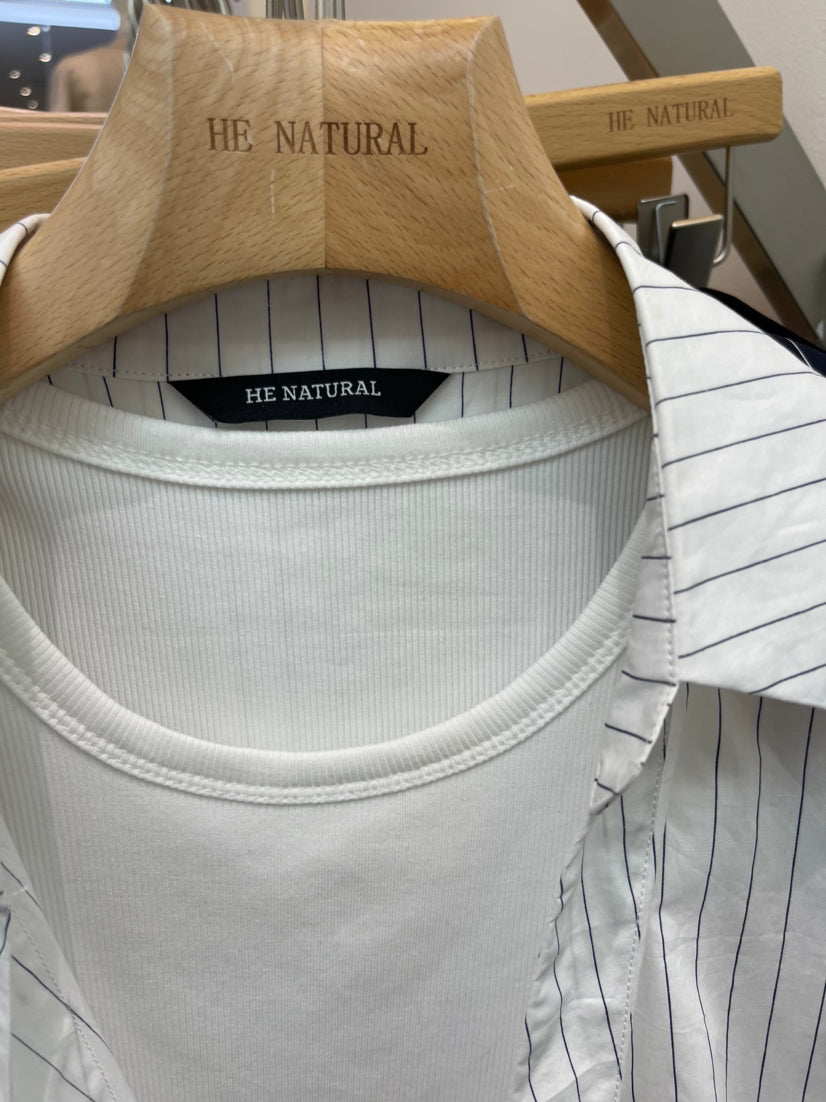 HE NATURAL Designer Fake Two-Piece Striped Shirt - 2026 Spring Collection Chic Long Sleeve Pullover