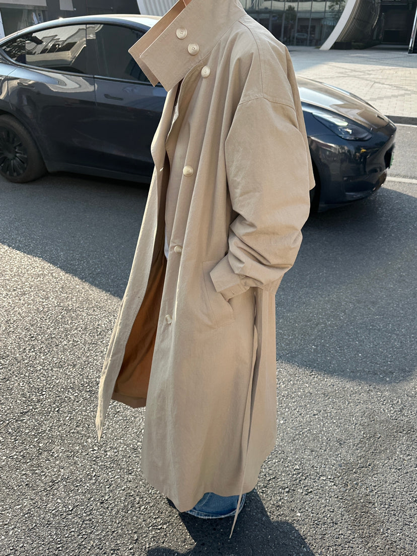 HE NATURAL Premium Classic Long Loose Trench Coat with Detachable Belt
