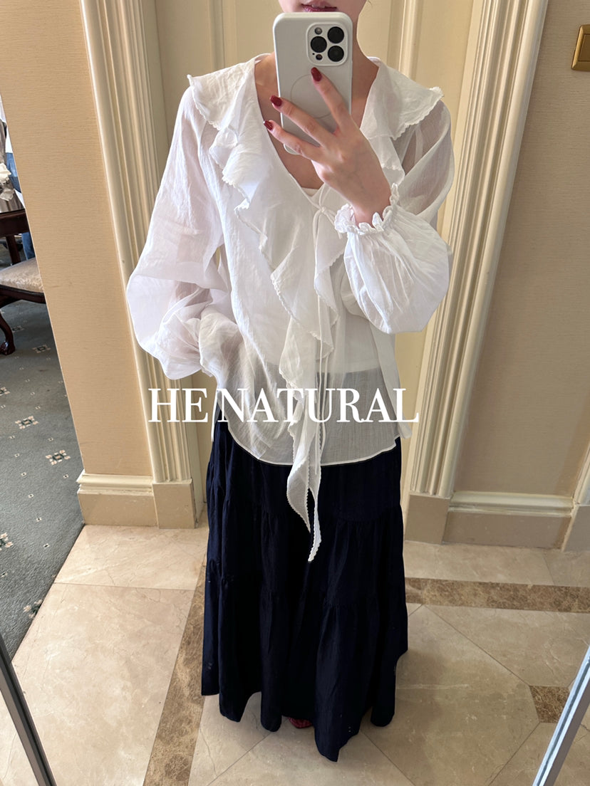 HE NATURAL Elegant Ruffled Tie-Neck Blouse - Spring Lantern Sleeve Pullover